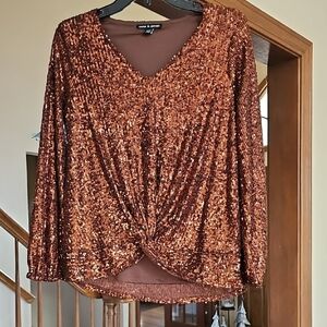 Cable & Gauge Bronze Sequin V-Neck Blouse